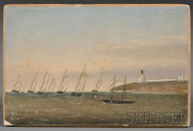 Clement Drew (American, 1806-1889) Yachts Leaving: Clement Drew (American, 1806-1889) Yachts Leaving Marblehead Harbor. Signed, dated 1885, and titled on the reverse. Oil on paperboard, 4 1/4 x 6 3/8 in., unframed. Condition: Paint loss l.l. corner.