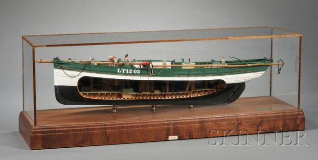 Cased Painted Model of the Lowestoft Sailing Trawl: Cased Painted Model of the Lowestoft Sailing Trawler MASTER HAND, model made by William E. Hitchcock (1928-2006), vessel and maker identified on an engraved brass plaque, with cut-away views of vessel
