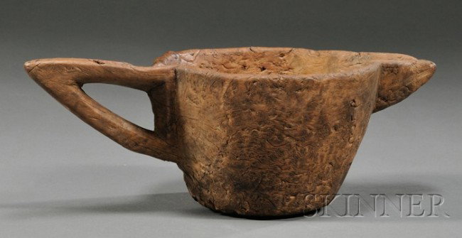 Hand-hewn Burl Pitcher, eastern United States, ear: Hand-hewn Burl Pitcher, eastern United States, early 19th century, Atlantic white cedar vessel with pierced integral handle, (minor old losses), ht. 4 7/8, dia. 14 1/8 in.