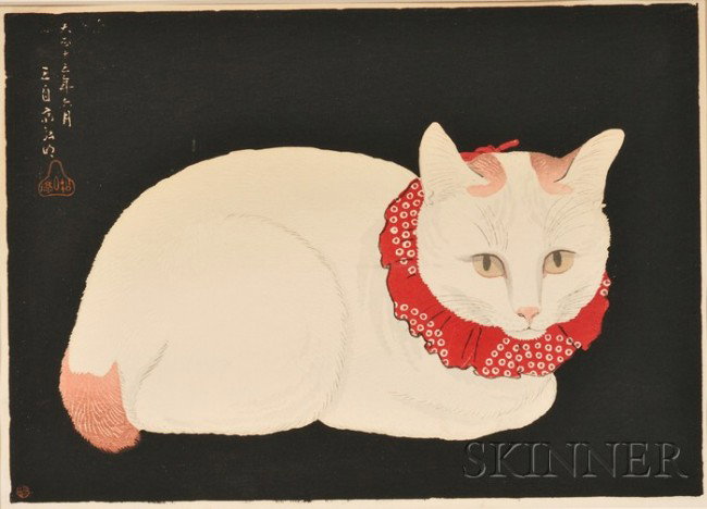 Takahashi Hiroki (Japanese, 1871-1949) White Cat : Takahashi Hiroki (Japanese, 1871-1949) White Cat with Red Ruffled Collar. Signed u.r. Woodblock print, 10 1/2 x 14 3/4 in., unframed. Condition: Minor toning and tear u.l. corner.