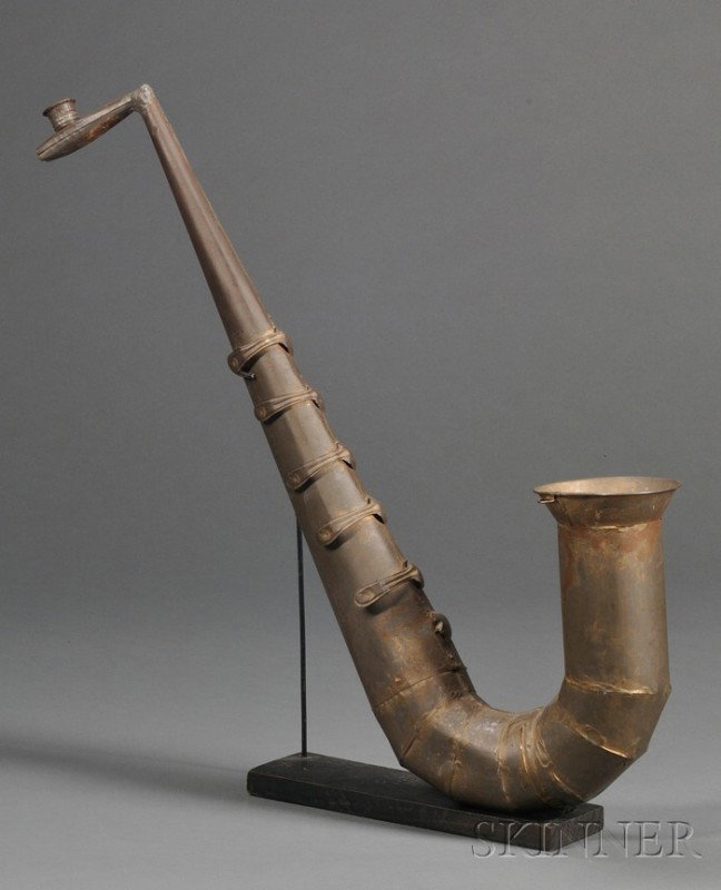 Folk Art Tin Saxophone, America, early 20th centur: Folk Art Tin Saxophone, America, early 20th century, possibly a parade prop, made from a tin kazoo, a funnel, a horn, and ice cream spoons, traces of gold paint, with stand, ht. approx. 26 in.