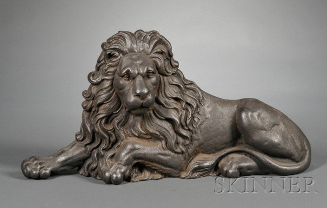 Cast Iron Reclining Lion Figure, 19th century, hal: Cast Iron Reclining Lion Figure, 19th century, half-round figure with hollow back, ht. 13 3/4, wd. 28 in.