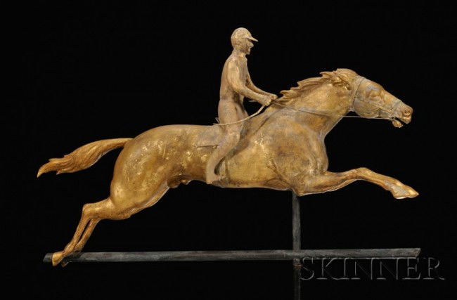Painted and Gilded Copper and Cast Zinc Horse and: Painted and Gilded Copper and Cast Zinc Horse and Jockey Weather Vane, America, late 19th century, full-body weather vane, molded sheet copper with cast zinc heads, mounted on a painted copper rod, wi