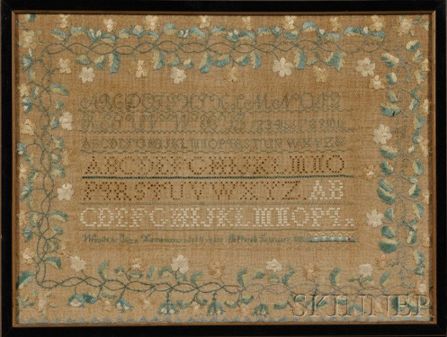 Needlework Sampler, "Wrought by Eliza Hemenway age: Needlework Sampler, "Wrought by Eliza Hemenway aged 11 years Pepperell February 1835," Massachusetts, worked in silk threads on a linen ground, with rows of alphabets surrounded by a flowering vine, (