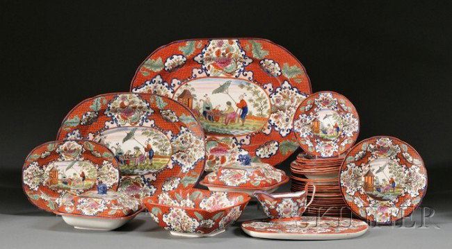 Partial Mandarin Pattern Pearlware Dinner Service,: Partial Mandarin Pattern Pearlware Dinner Service, England, early 19th century, polychrome enameled, transfer-decorated pearlware pottery, with central scene of a landscape with a servant holding an u