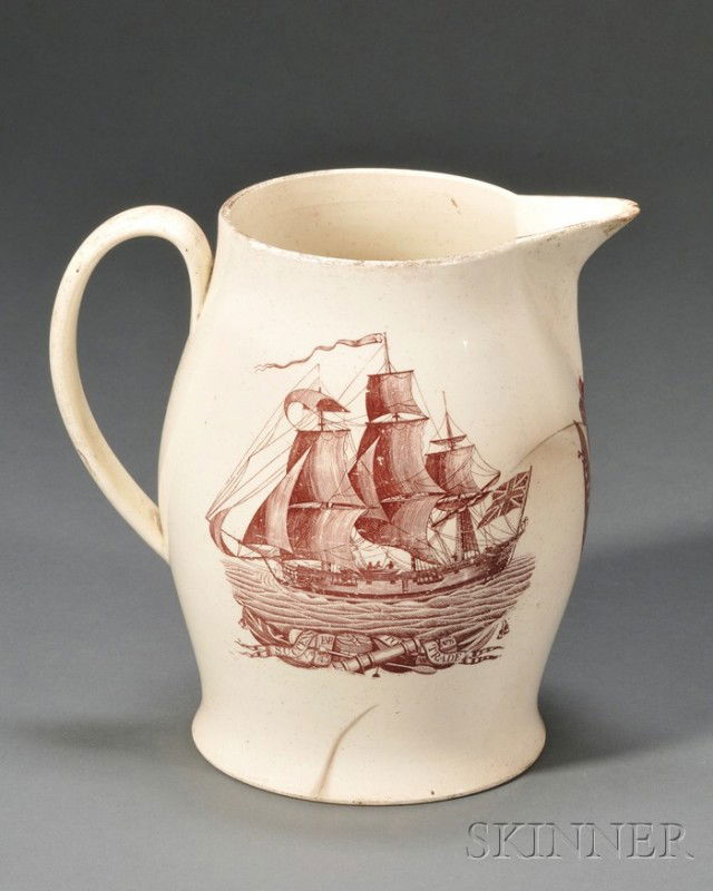 Liverpool Pottery Creamware Jug, England, early 19: Liverpool Pottery Creamware Jug, England, early 19th century, the jug with mulberry transfer decoration, one side depicting "The Sailor's Farewell," the reverse depicting a ship at sea, a panoply, and
