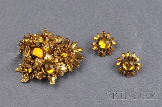 Gilded Metal and Orange Glass Brooch and Earclips,: Gilded Metal and Orange Glass Brooch and Earclips, Miriam Haskell, designed as a modified floral cluster set with orange glass and earclips en suite, lg. 2 1/2 and 1 in.
