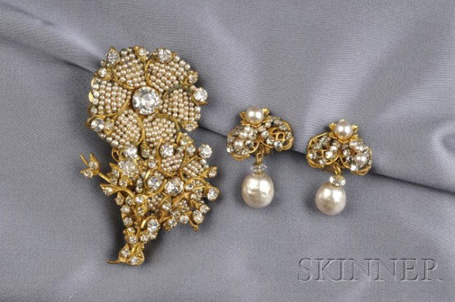 Gilded Metal Brooch and Earpendants, Miriam Haskell: Gilded Metal Brooch and Earpendants, Miriam Haskell, designed as a flower covered in rose montees and imitation seed pearls, earpendants en suite, lg. 2 3/4 and 1 1/4 in.