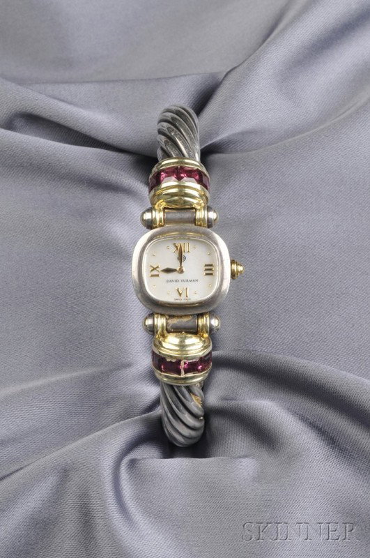 Lady's 14kt Gold and Sterling Silver Gem-set Wristw: Lady's 14kt Gold and Sterling Silver Gem-set Wristwatch, David Yurman, the mother-of-pearl dial with Roman and dot numeral indicators, enclosing quartz movement, set with square-cut rhodolite garnet h