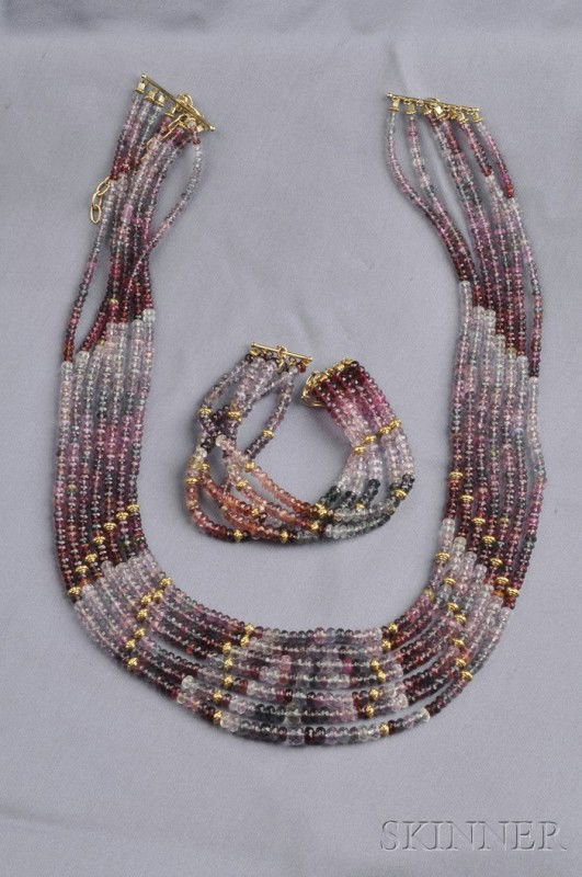 Multi-strand Colored Spinel Bead Necklace and Brace: Multi-strand Colored Spinel Bead Necklace and Bracelet, composed of seven strands of faceted spinel beads of varied colors, interspersed with gold vermeil rondelles, bracelet en suite, length adjustab