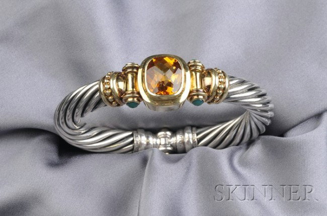 14kt Gold and Sterling Silver Gem-set Bracelet, Dav: 14kt Gold and Sterling Silver Gem-set Bracelet, David Yurman, bezel-set with a fancy-shaped citrine, and cabochon green chalcedony highlights, joined by a 10.00 mm ropetwist bangle, interior cir. 6 1/