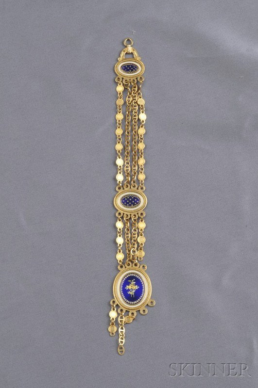 Antique 18kt Gold and Enamel Partial Chatelaine, t: Antique 18kt Gold and Enamel Partial Chatelaine, the blue enamel oval disks with floral, star, and swag motifs joined by fancy link chain, 22.9 dwt, approx. total lg. 8 1/2 in., hallmarks, (losses). N