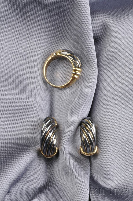18kt Tricolor Gold and Hematite Ring and Earclips,: 18kt Tricolor Gold and Hematite Ring and Earclips, Cartier, the ring set with carved hematite accented with gold wire, earclips en suite, size 5, lg. 7/8 in., no. 278404, and 907621, both signed.
