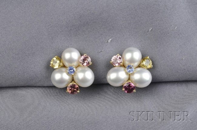 18kt Gold, South Sea Keshi Pearl and Colored Sapph: 18kt Gold, South Sea Keshi Pearl and Colored Sapphire Earclips, Donna Vock, set with six keshi pearls, interspersed with round colored sapphires weighing 3.63 cts., lg. 7/8 in., signed.
