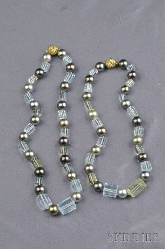 Two Tahitian Pearl, Aquamarine and Green Beryl Nec: Two Tahitian Pearl, Aquamarine and Green Beryl Necklaces, Donna Vock, alternately strung with Tahitian pearls measuring approx. 12.3 x 11.5 mm. and barrel-shaped aquamarines and green beryls, complete