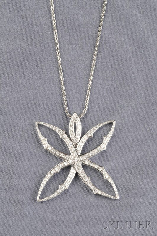 18kt White Gold and Diamond Necklace, Stephen Webs: 18kt White Gold and Diamond Necklace, Stephen Webster, the thorn motif pendant, bead-set with full-cut diamond melee, suspended from a woven chain, lg. 2, 16 in., signed, Neiman Marcus box.