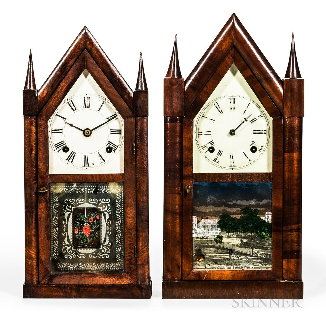 Two American Fusee Steeple Clocks, Bristol, Connecticut, and New York, Smith & Taylor rosewood: Two American Fusee Steeple Clocks, Bristol, Connecticut, and New York, Smith & Taylor rosewood veneered case, original roman numeral dial, lower tablet reads "Stanwix and Congress Halls," and a Chaunc