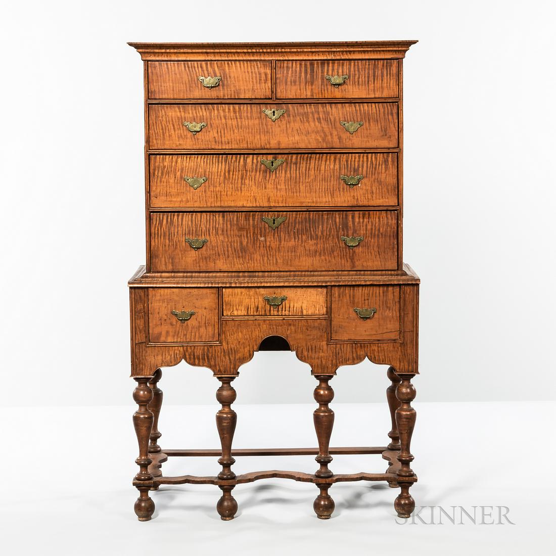 William and Mary Tiger Maple High Chest of Drawers, New England, early 18th century, the top section (1 of 3)