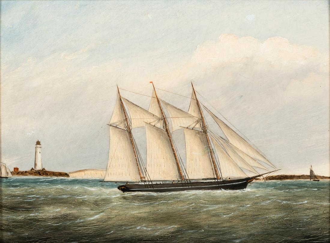 Clement Drew (Massachusetts, 1806-1889), Schooner Passing Boston Light, Signed, dated and titled on: Clement Drew (Massachusetts, 1806-1889) Schooner Passing Boston Light Signed, dated and titled on the back "Schooner passing Boston Light By C. Drew 1884." Oil on F.W. Devoe & Co. Academy boar