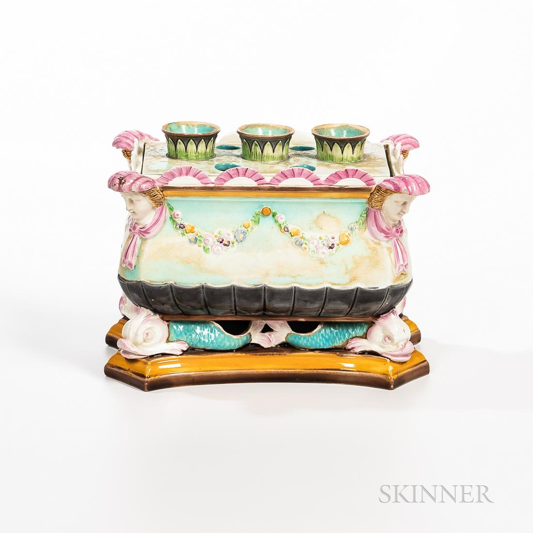 Wedgwood Majolica Bough Pot and Cover, England, 1870, rectangular casket shape with classical female (1 of 1)