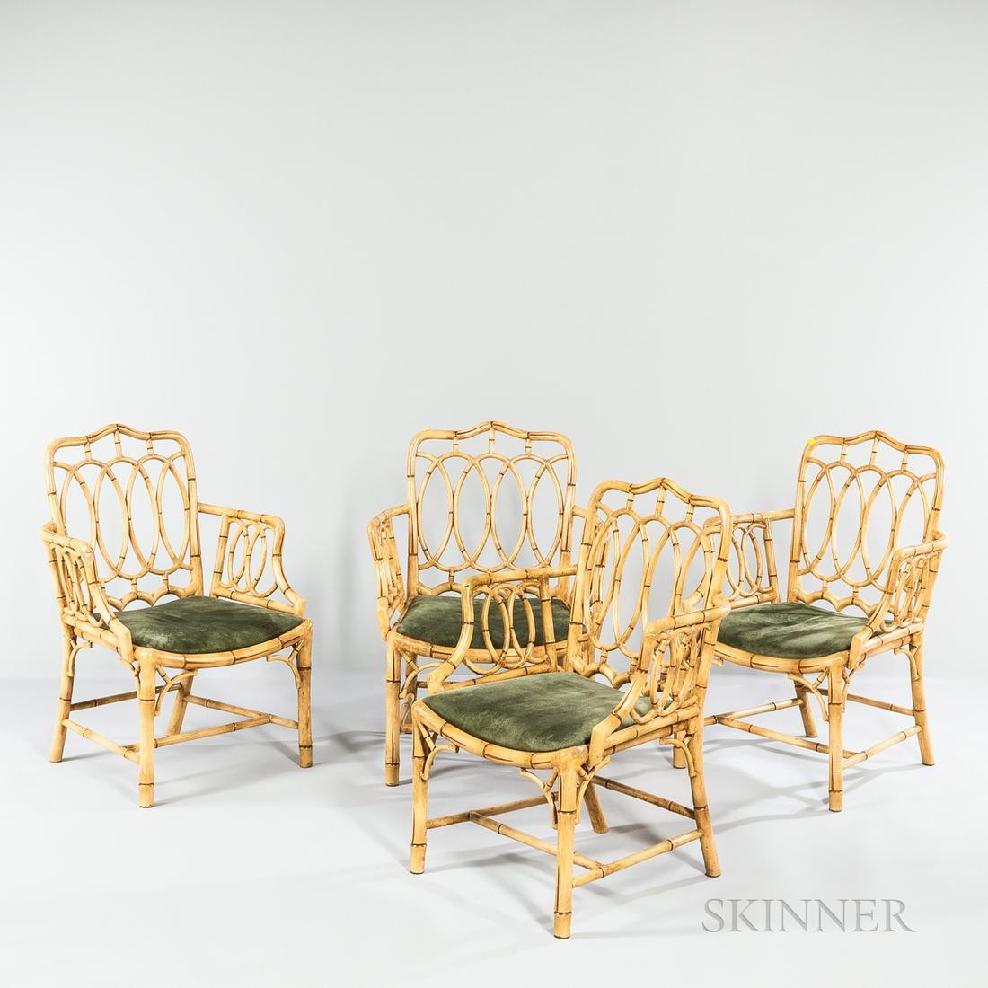 Set of Four Regency-style Faux Bamboo Armchairs, c. 1800, repainted, with upholstered seats, ht. 36 (1 of 1)
