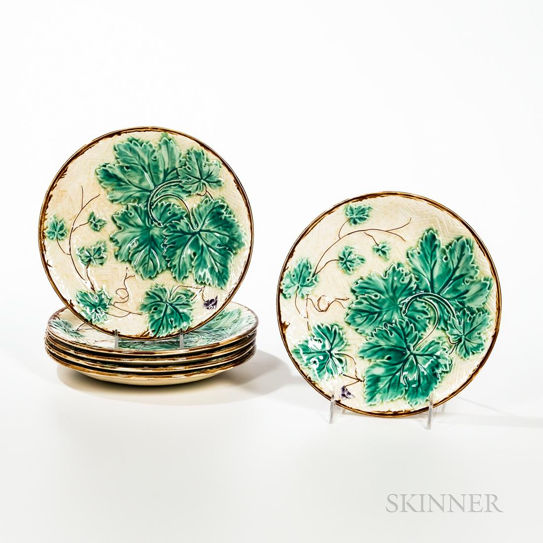 Six Majolica Leaf Plates, France, c. 1880, molded in relief with green glazed leaves to an off-white (1 of 1)