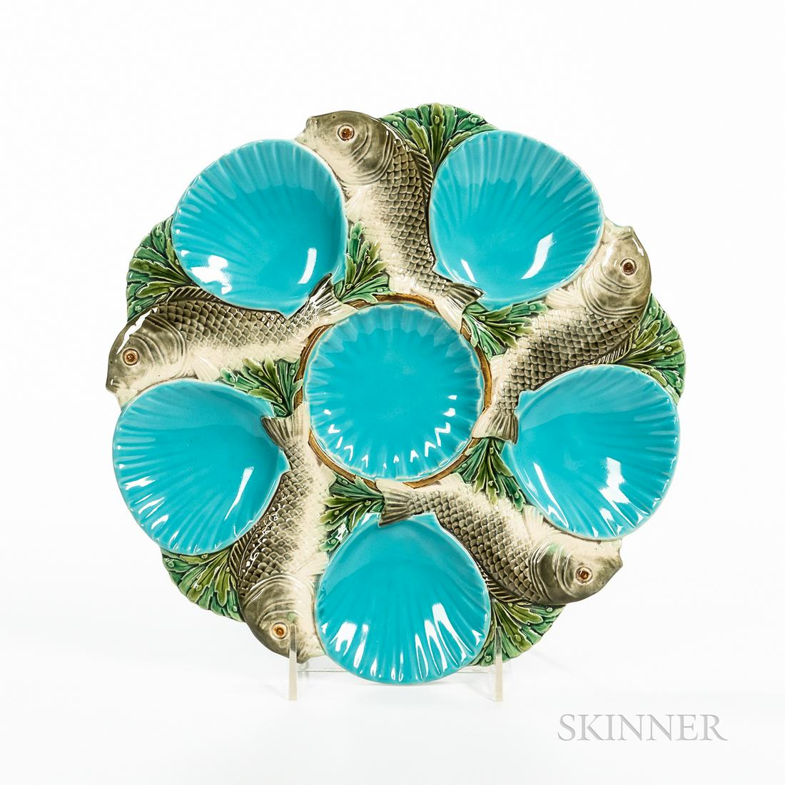 Minton Majolica Oyster Plate, England, 1881, five shell-shaped wells surrounding a central well, all (1 of 1)