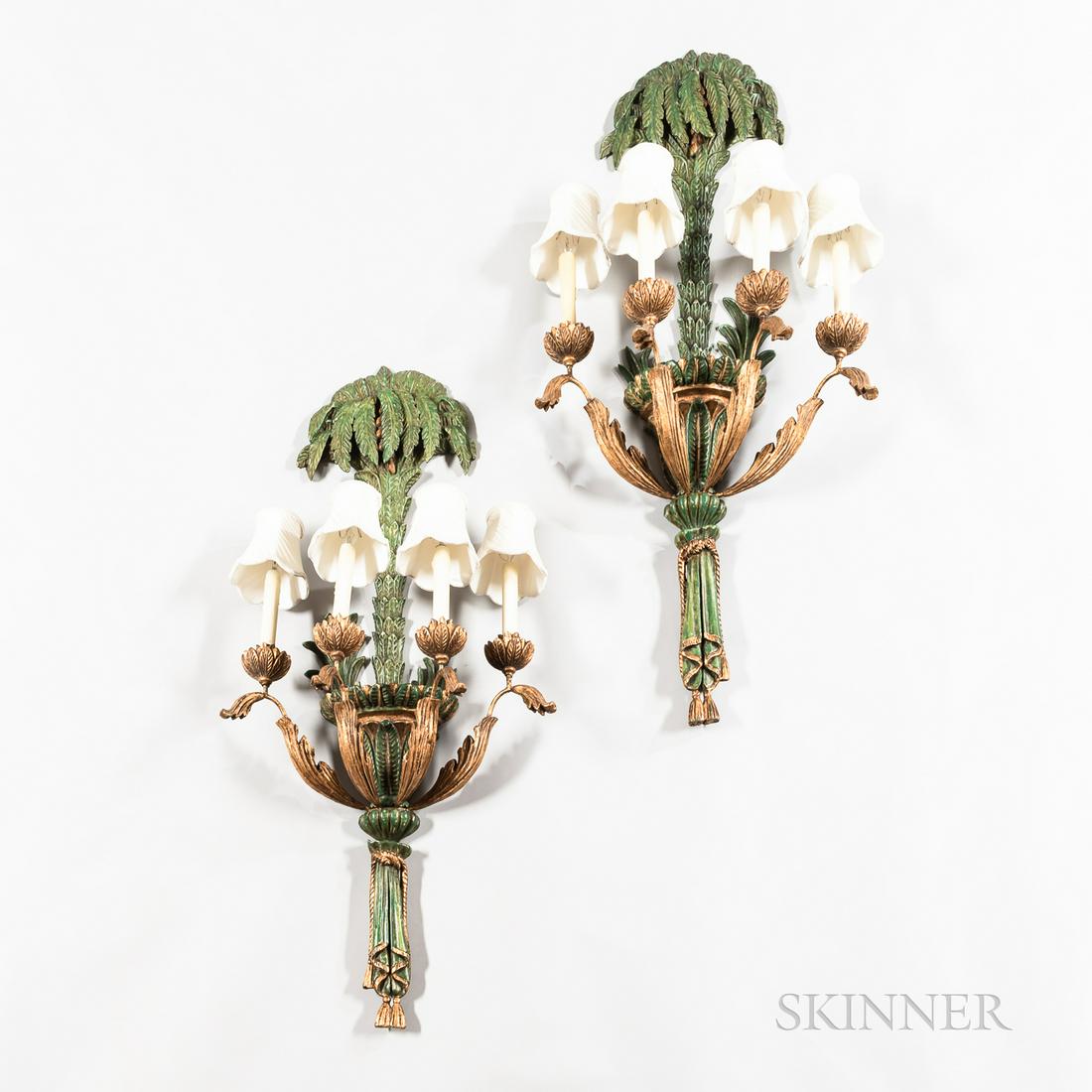 Pair of Polychrome-painted Four-light Figural Sconces, 20th century, electrified, each with scrolled (1 of 1)