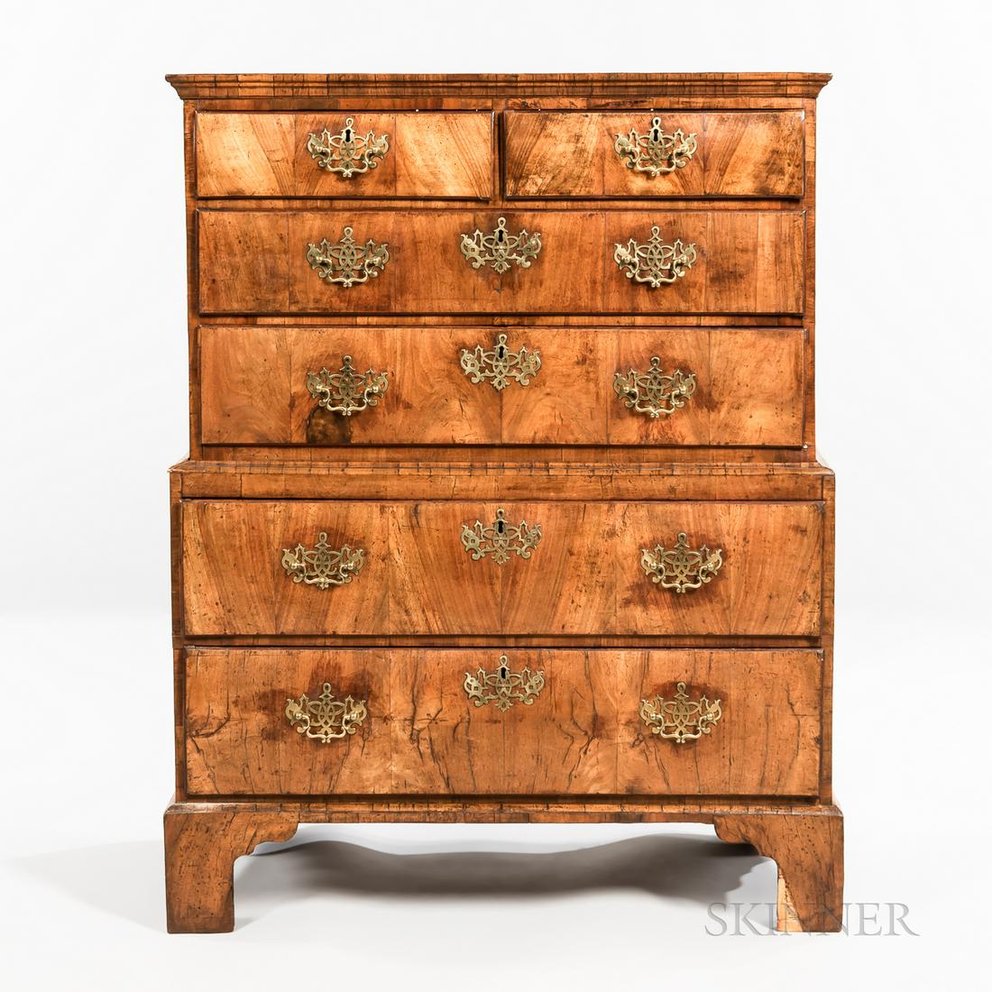 George II Walnut Chest-on-chest, England, c. 1730, two short over four long drawers, retaining (1 of 1)