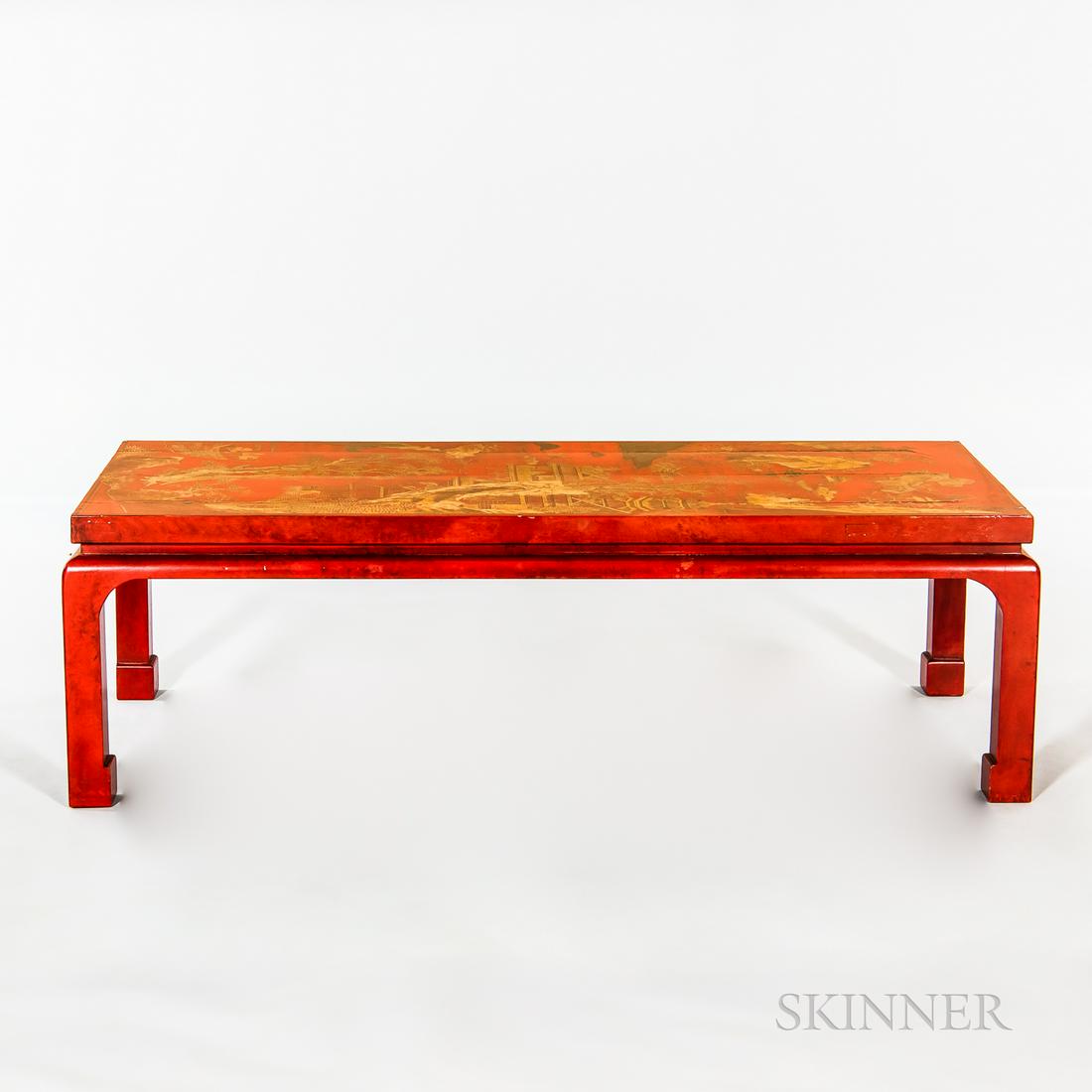 Japanned Red Lacquer Coffee Table, 20th century, rectangular shape decorated in gold and black, (1 of 1)