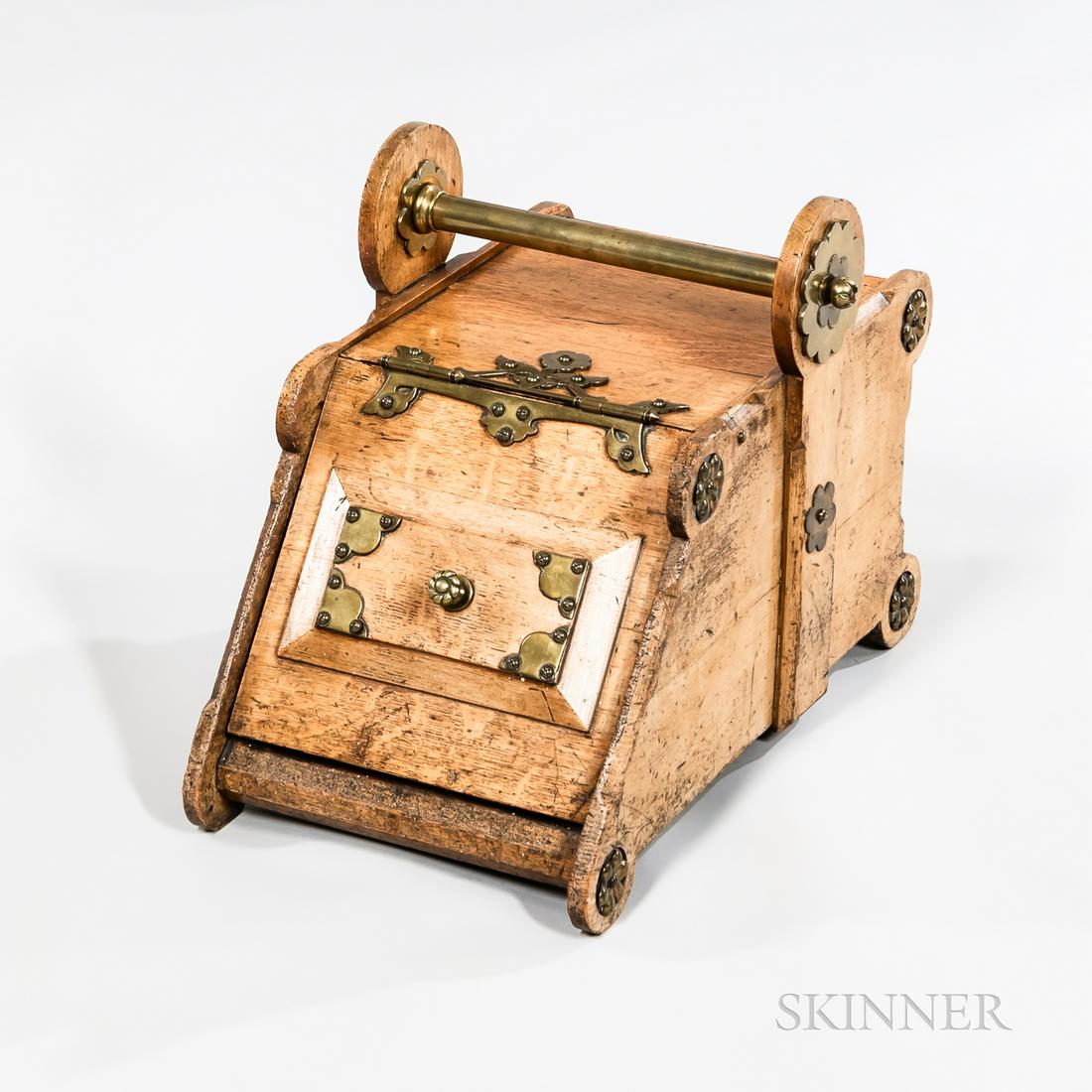 Brass Mounted Oak Coal Scuttle, England, 19th century, hinged angular door to a rectangular case and (1 of 1)