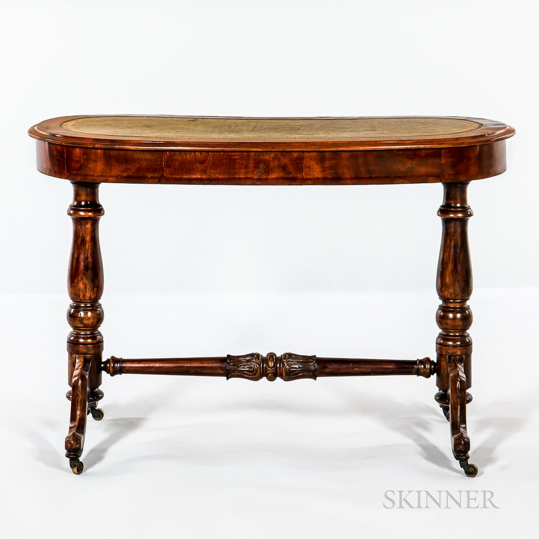 Early Victorian Mahogany Kidney-shaped Sofa Table, England, tooled leather top over two drawers with (1 of 1)