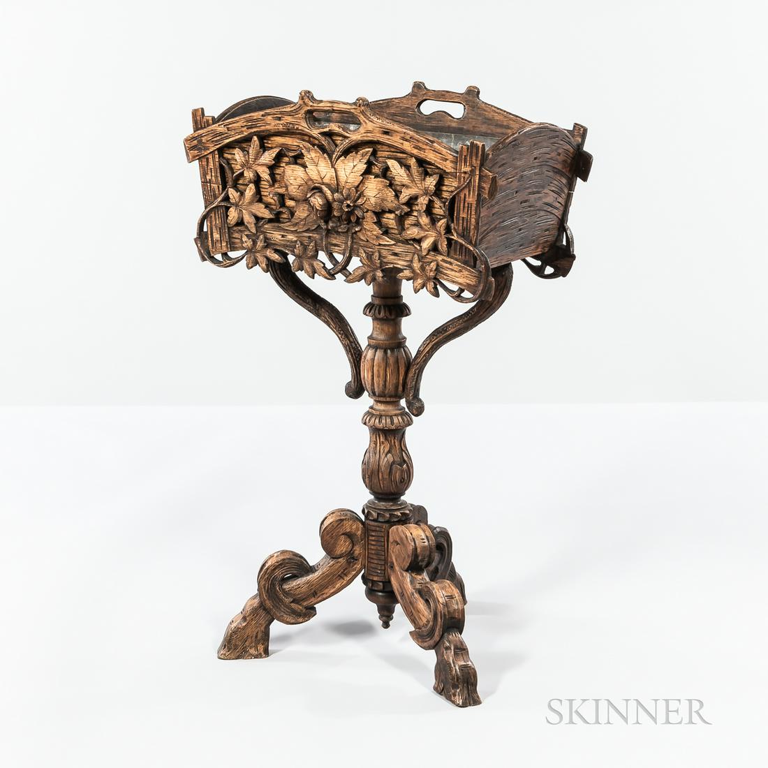 Carved Oak Plant Stand, 20th century, floral carved two-handled planter with distressed sides, (1 of 1)