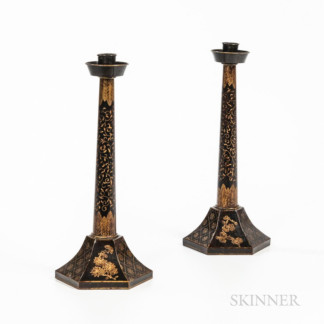 Pair of Chinese Black Lacquer Candlesticks, hand-painted gilt floral motifs, hexagonal bases, ht. 14 (1 of 1)
