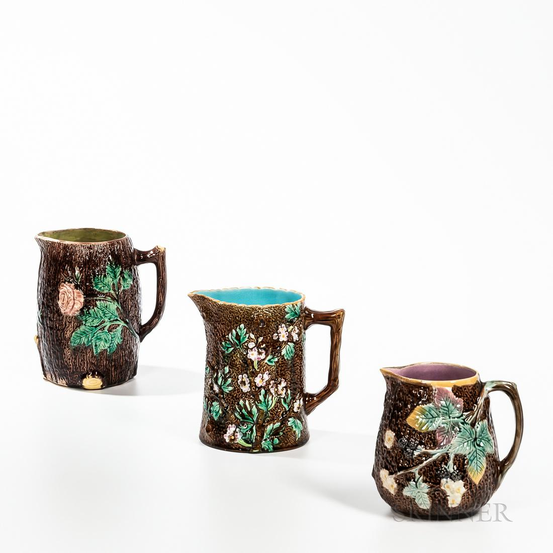 Three Majolica Tree Trunk Molded Jugs, England, c. 1875, one with berries and leaves, ht. 6 5/8; a (1 of 1)