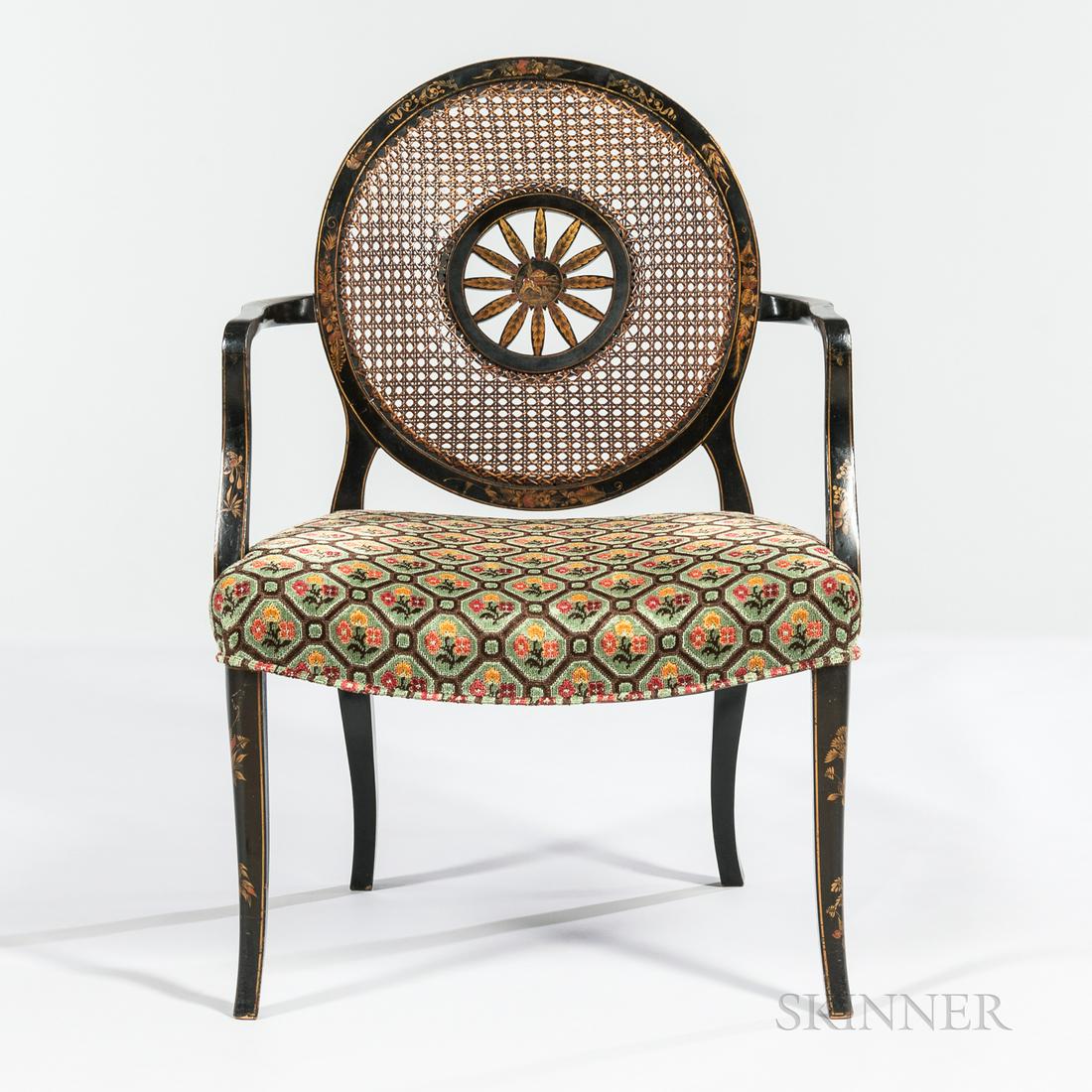 Late George III Black Japanned Painted Armchair, late 19th/20th century caned back with wheel-like (1 of 1)