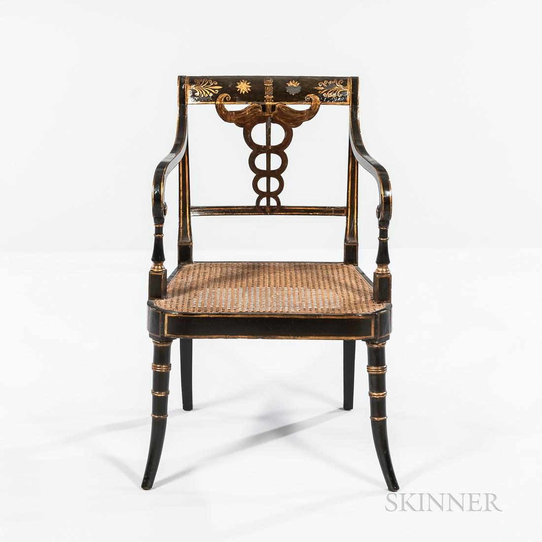 George III Black and Gilt Japanned Armchair, England, 19th century, back with carved caduceus, a (1 of 3)