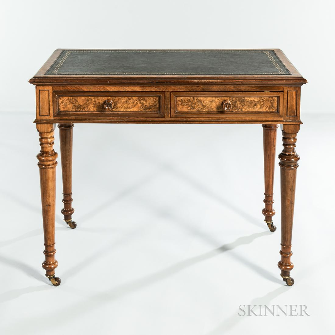 Tooled Leather-top Walnut Desk, late 19th/early 20th century, with two drawers, turned legs and (1 of 1)