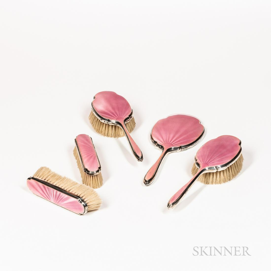 Five Piece Enameled Guilloché Dresser Set, each in pink enamel, including four brushes and a (1 of 1)
