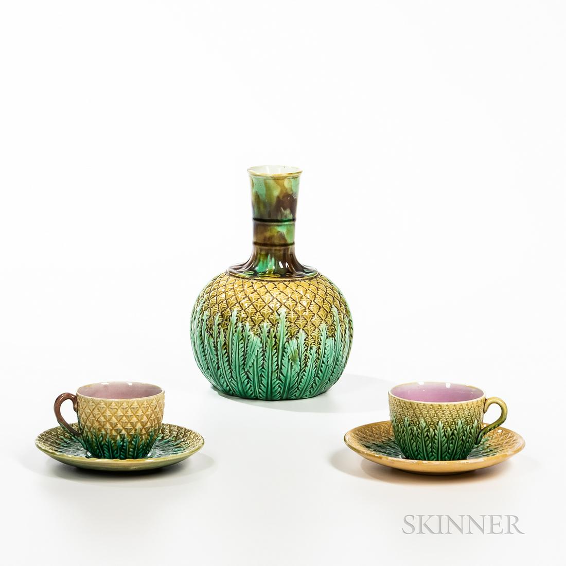 Three Majolica Pineapple Decorated Items, England, c. 1880, each with foliage, including a (1 of 1)