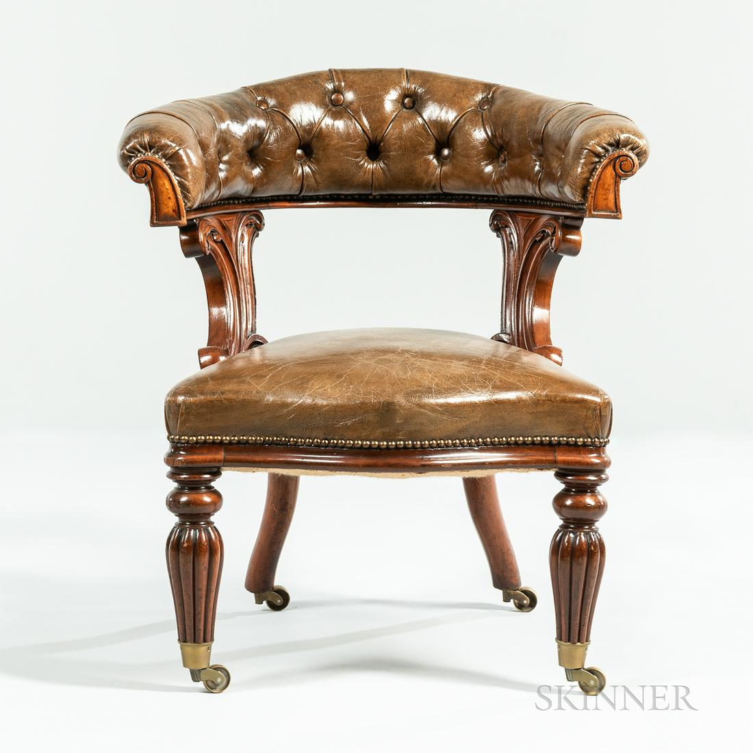 William IV Leather Upholstered Open Armchair, tufted back, brass studded trim, mahogany frame and (1 of 1)