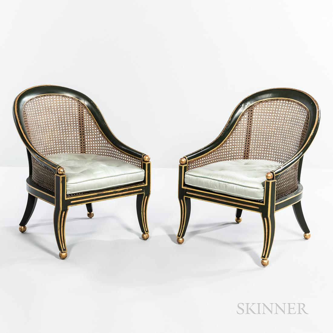 Pair of Green and Gold Painted Bergères, 19th century, curved back rail terminating at gilded (1 of 1)