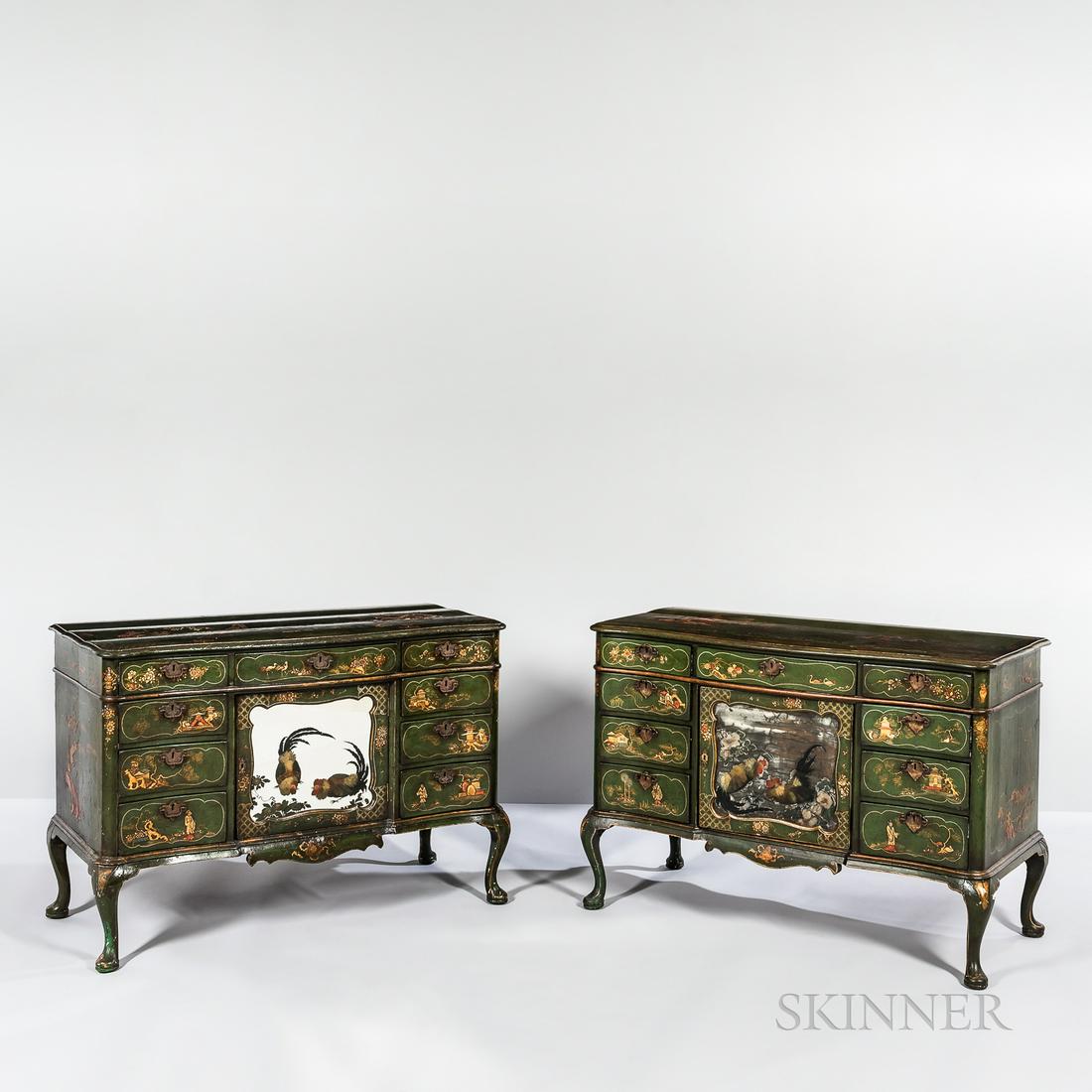 Pair of Japanned Side Cabinets, late 19th century, each green ground with polychrome figures and (1 of 1)