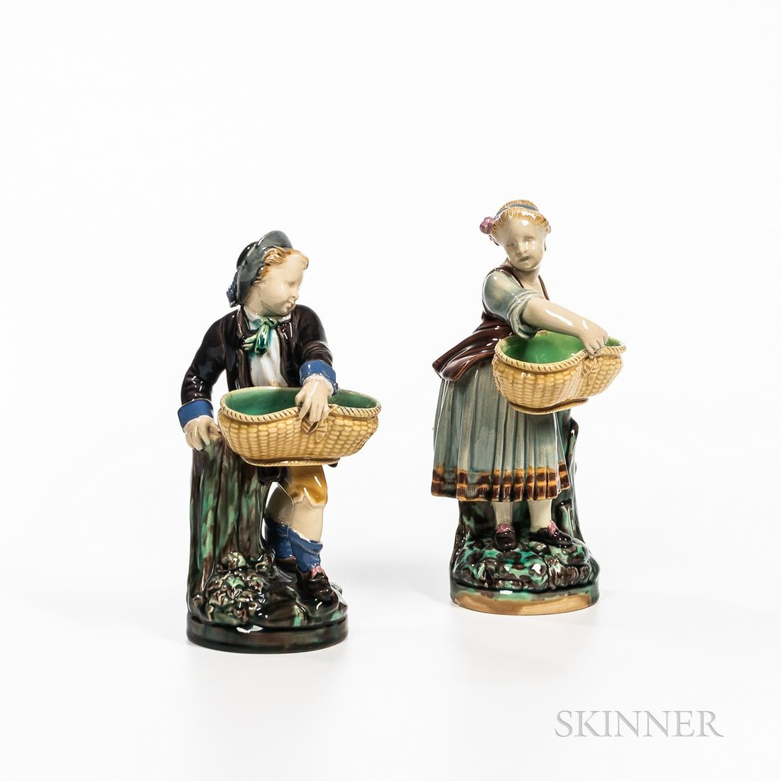 Pair of Minton Majolica Figural Salt Cellars, England, c. 1865, modeled as young male and female (1 of 1)