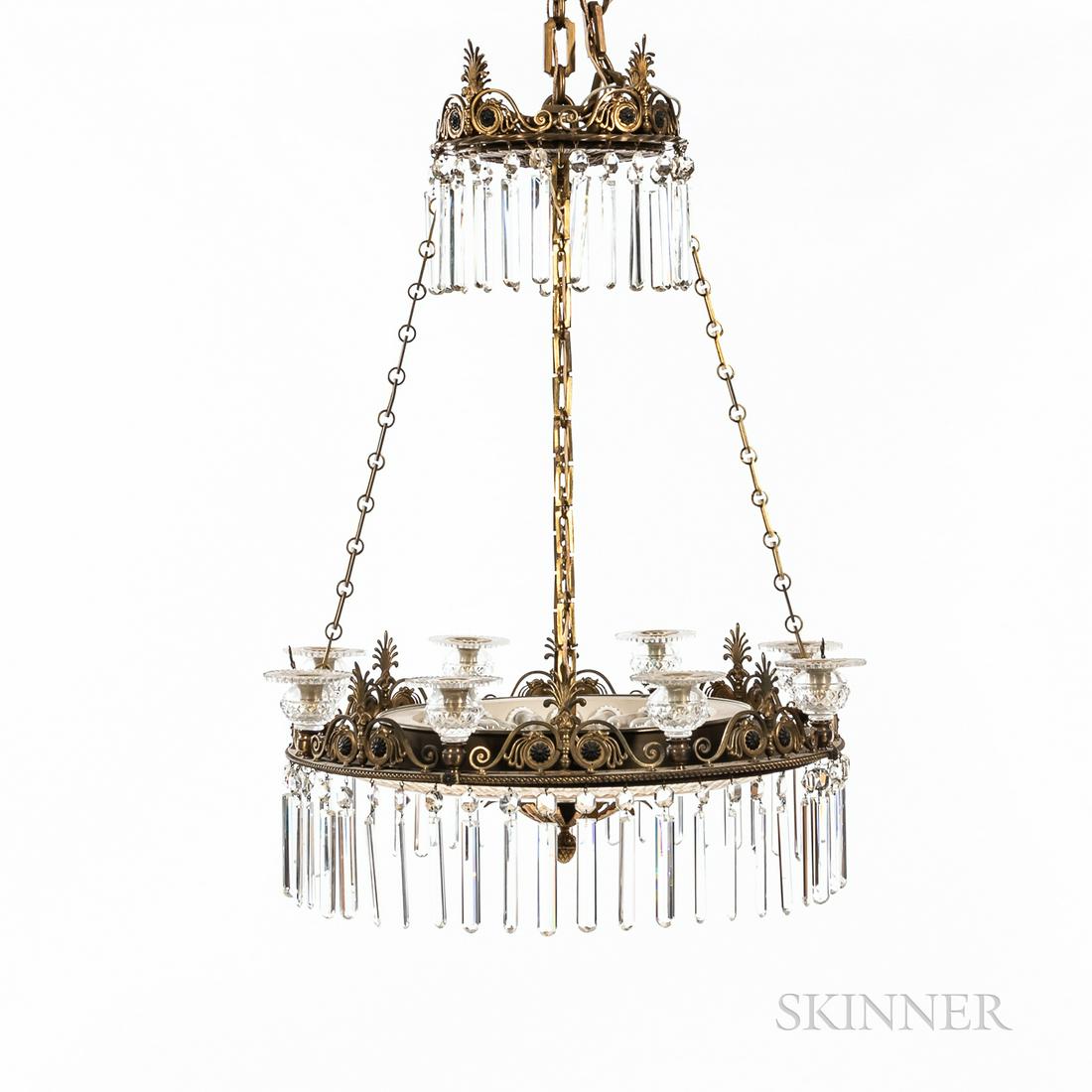 Gilt and Patinated Bronze Chandelier, 20th century, palmettes and scrollwork between eight candle (1 of 3)