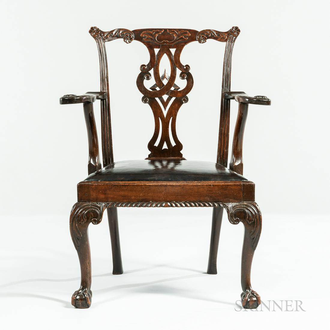George III Mahogany Armchair, England, early Stair & Co. lable, pierced back with scrolled arms, (1 of 2)