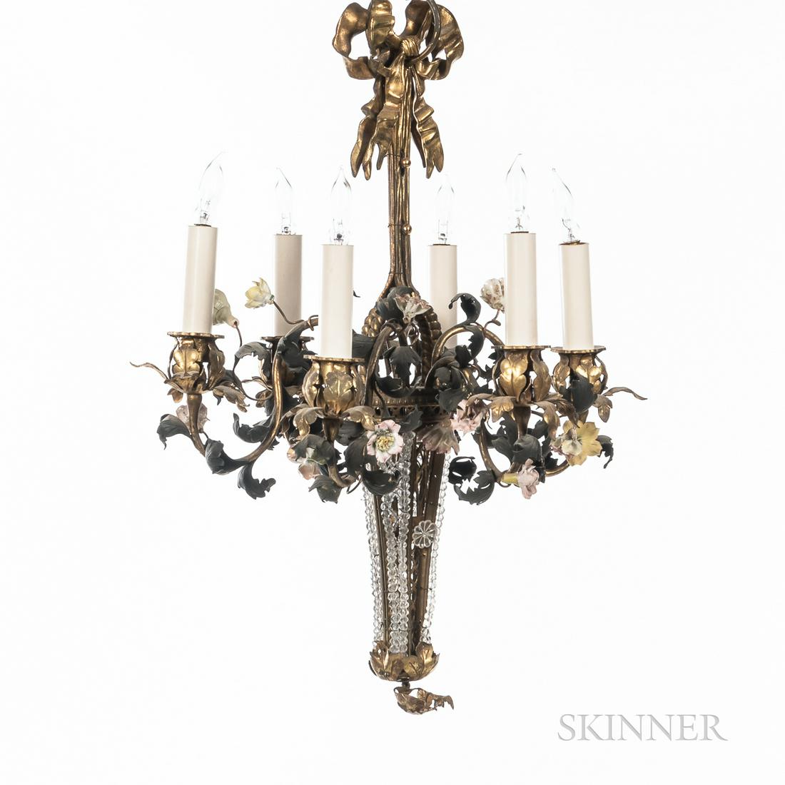 Six Light Porcelain Mounted Gilt Brass Chandelier, electrified, foliate candle nozzles with scrolled (1 of 1)