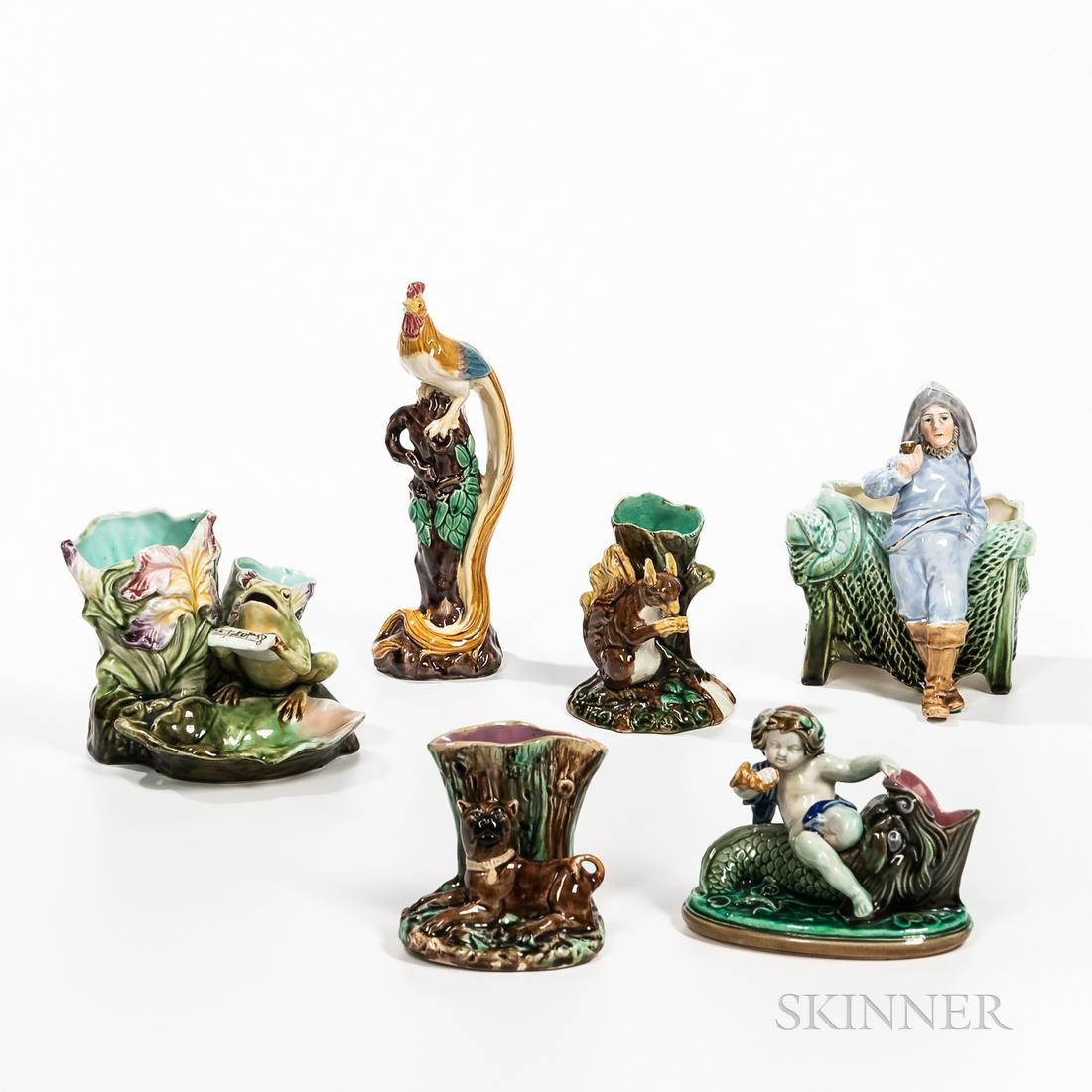 Six Majolica Figural Items, late 19th century, each polychrome enameled, a marked Sarreguemines (1 of 1)
