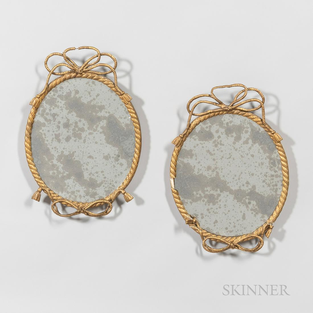 Pair Giltwood Boudoir Mirrors, 19th century, oval forms with rope-like frame and ribbons, lg. 18 1/2 (1 of 1)