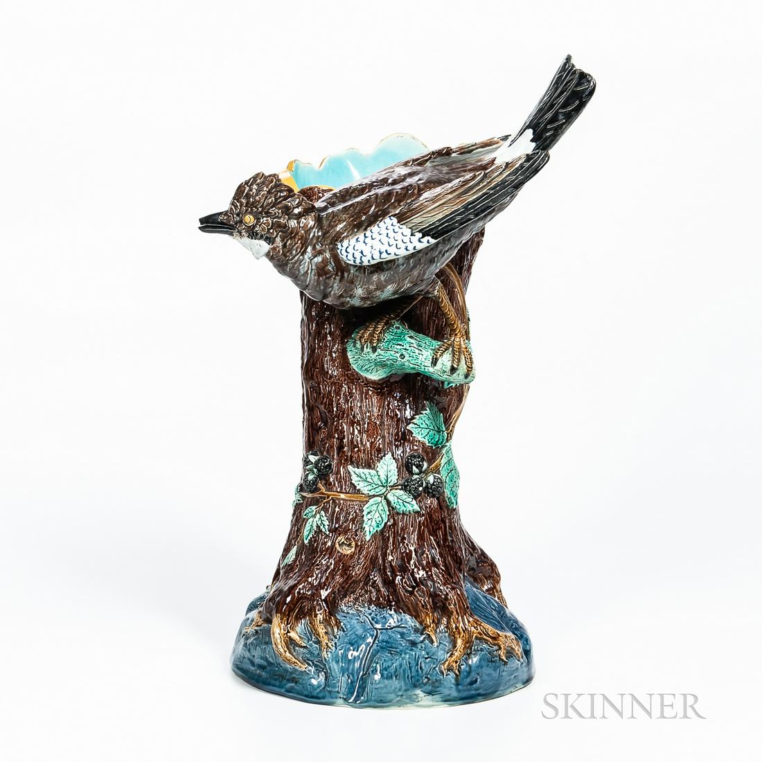 Holdcroft Majolica Bird Vase, England, c. 1880, modeled with a large bird perched on a branch of a (1 of 1)